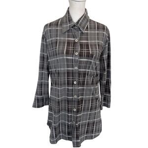 Allen Allen Gray White Plaid Button Down 3/4 Sleeves Tunic Shirt Womens Size XS